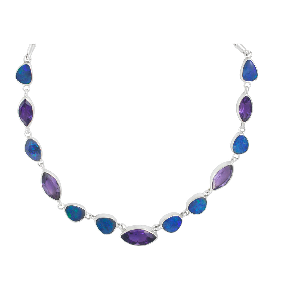 Sterling Silver Necklace With Opal Free Form, Amethyst Marquise Facet