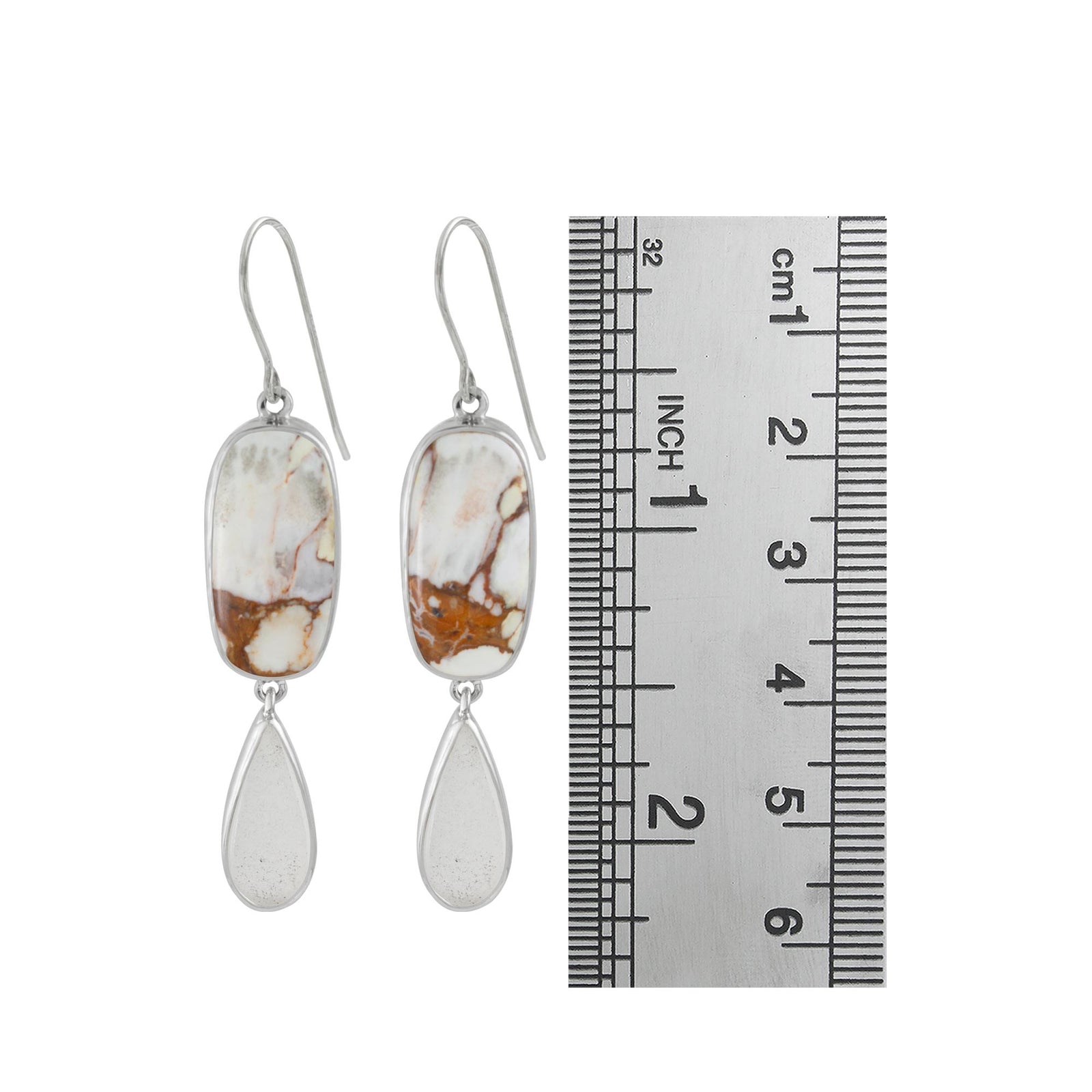 Sterling Silver Earring With Iron Stone Rectangle, Sea Glass White Drop