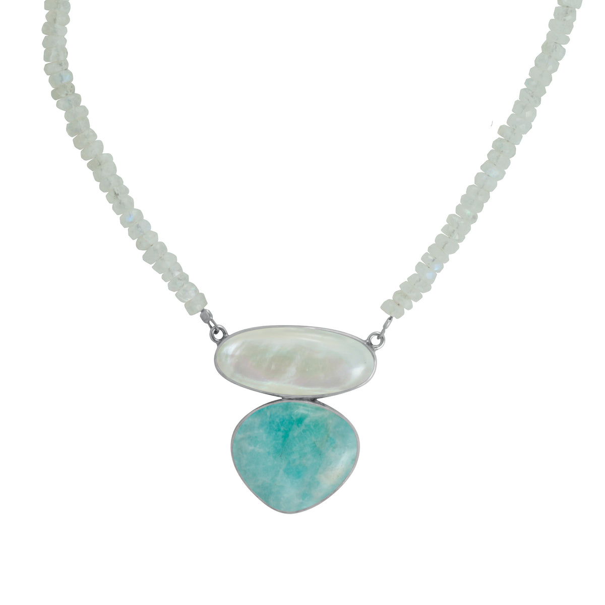 Sterling Silver Necklace With Mother Of Pearl Oval, Amozonite Oval, RainBow Moon Facet