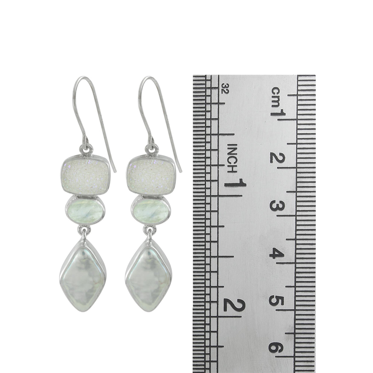 Exquisite Druze Rainbow Moonstone &amp; Pearl Earring