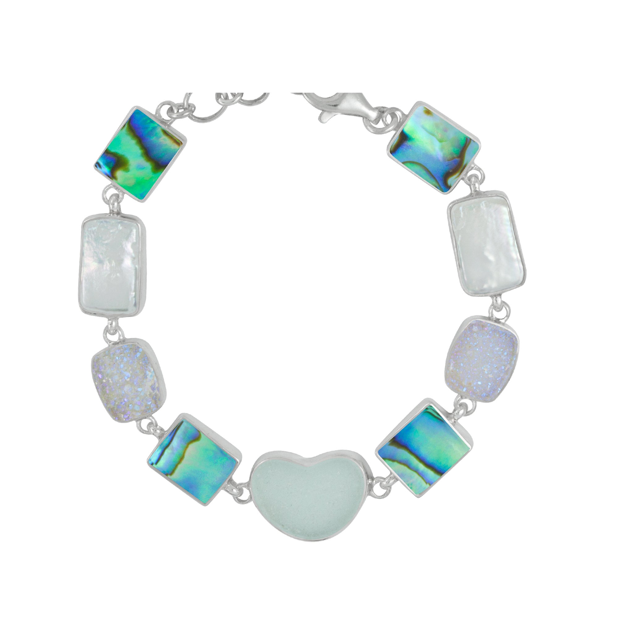 Gorgeous Sea Glass Heart bracelet  shimmering with Paua Shell and Druzy accents