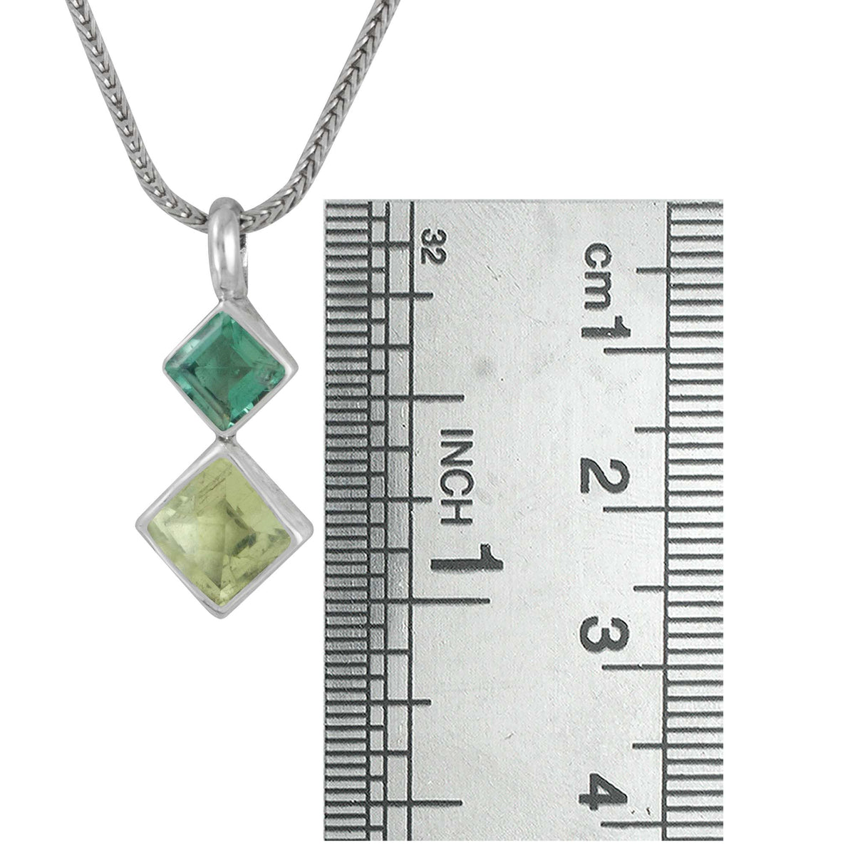 Sterling Silver Pendant With Green Quartz, Lemon Quartz Square Facet