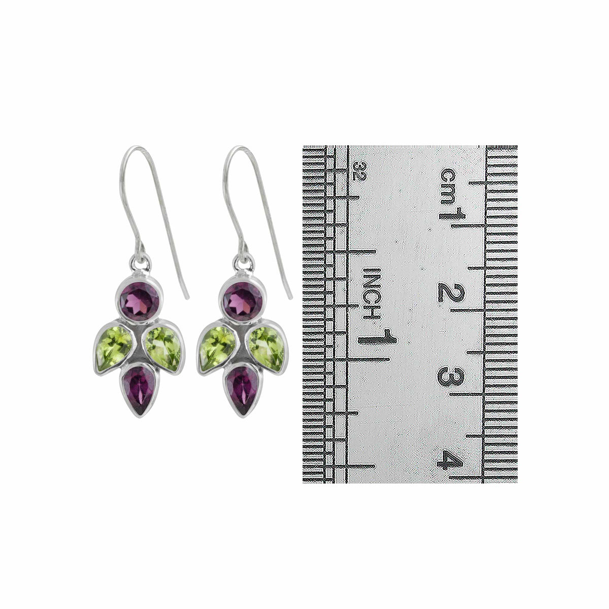 Silver Earring With Garnet And Peridot Stones