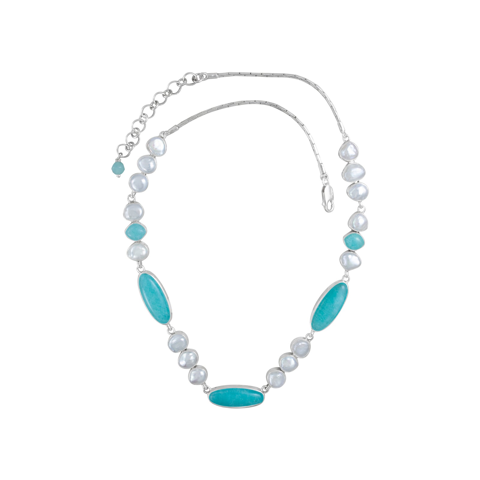 Sterling Silver Necklace With Amozonite Oval, Pearl