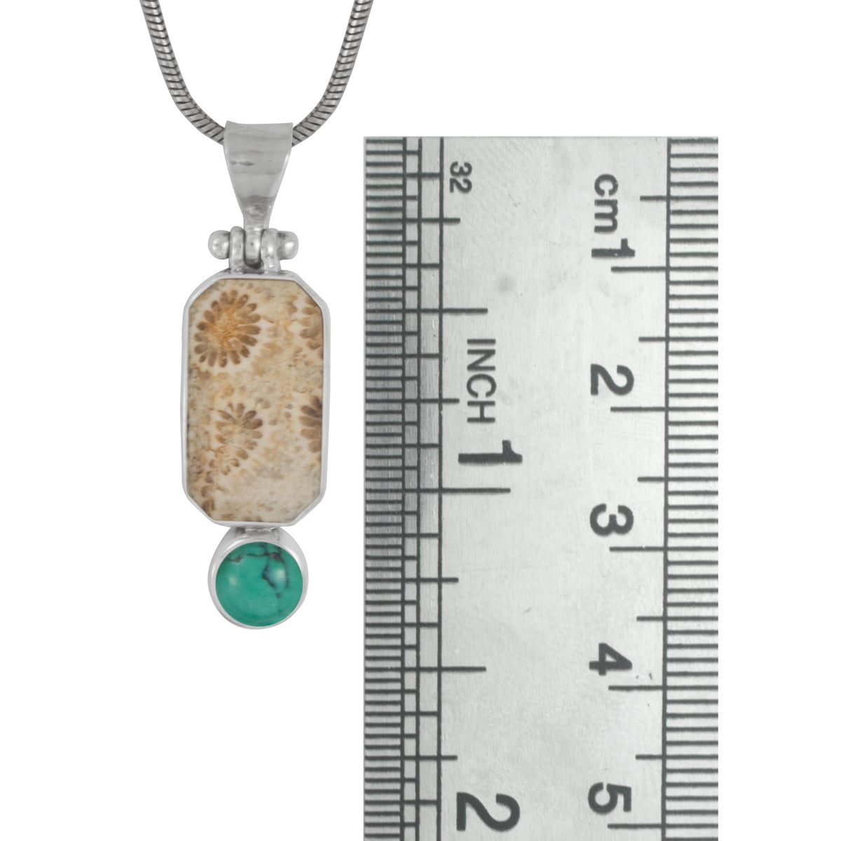 Sterling Silver Pendant With Coral Rectangle, Turquoise Round