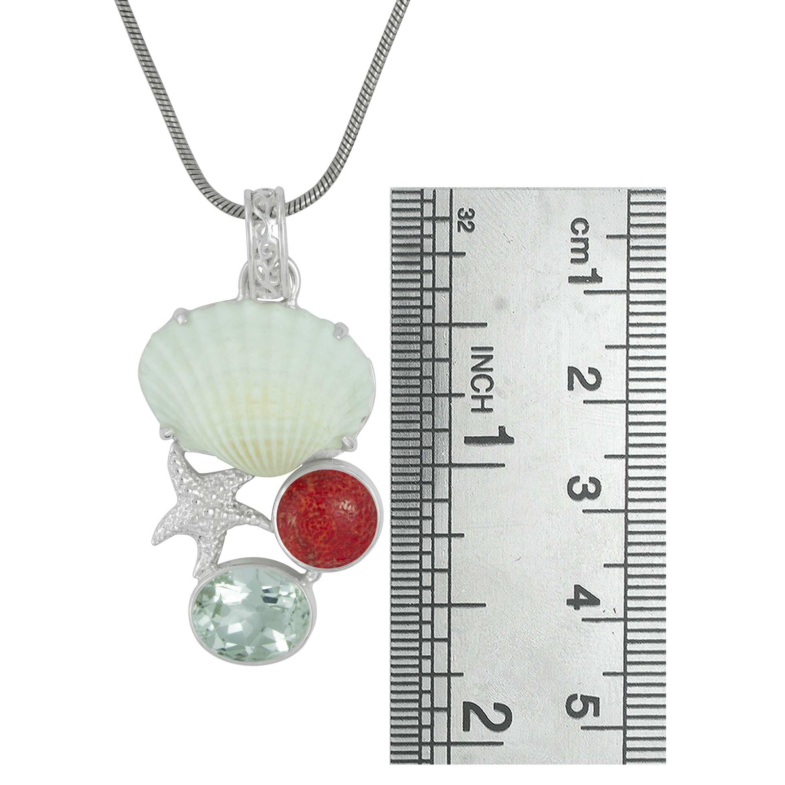 Sterling Silver Pendant With Star Fish Component With White Ark, Sponge Coral, White Topaz