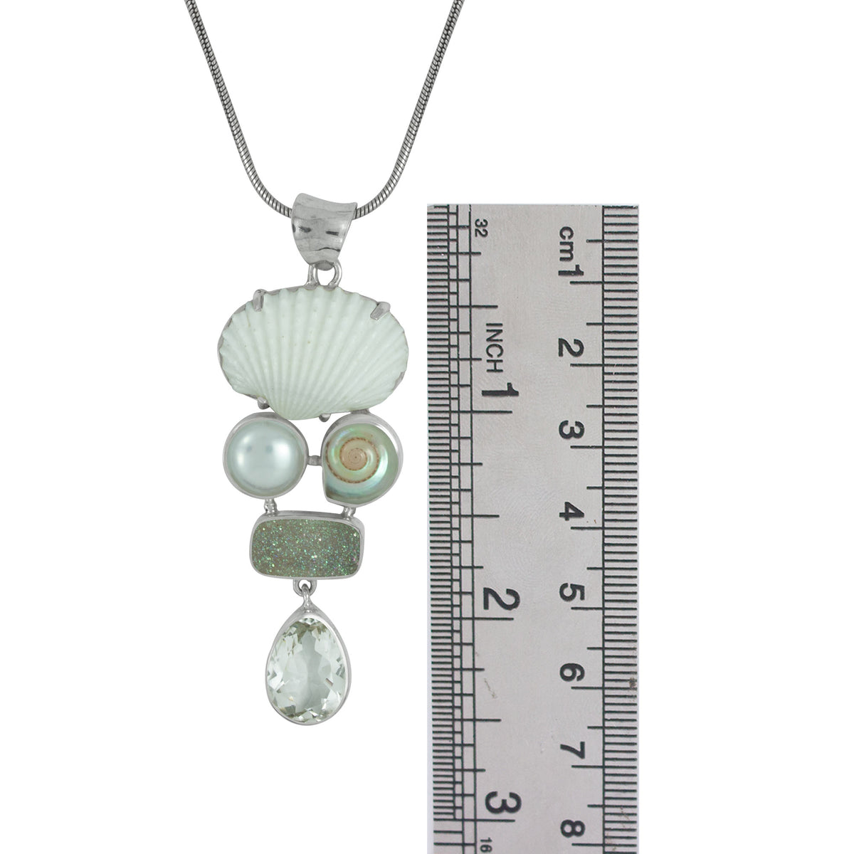 Sterling Silver Pendant With White Ark, Pearl, Druzy Rectangle Cushion And White Topaz