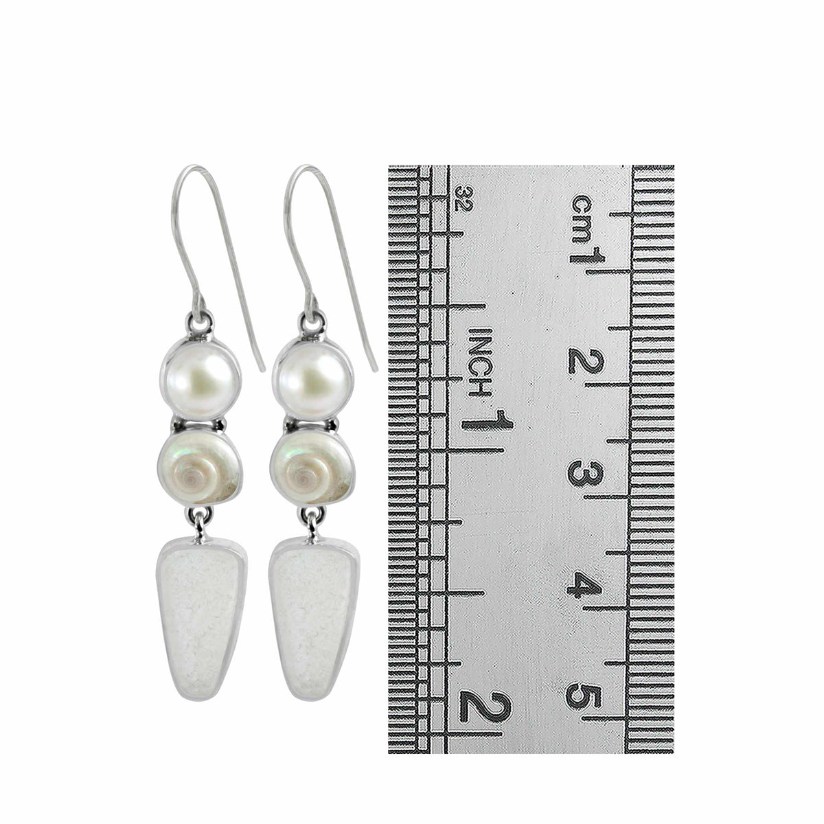 Sterling Silver Earring With Peral, Shell Malbar Turbos,Sea Glass White Drop