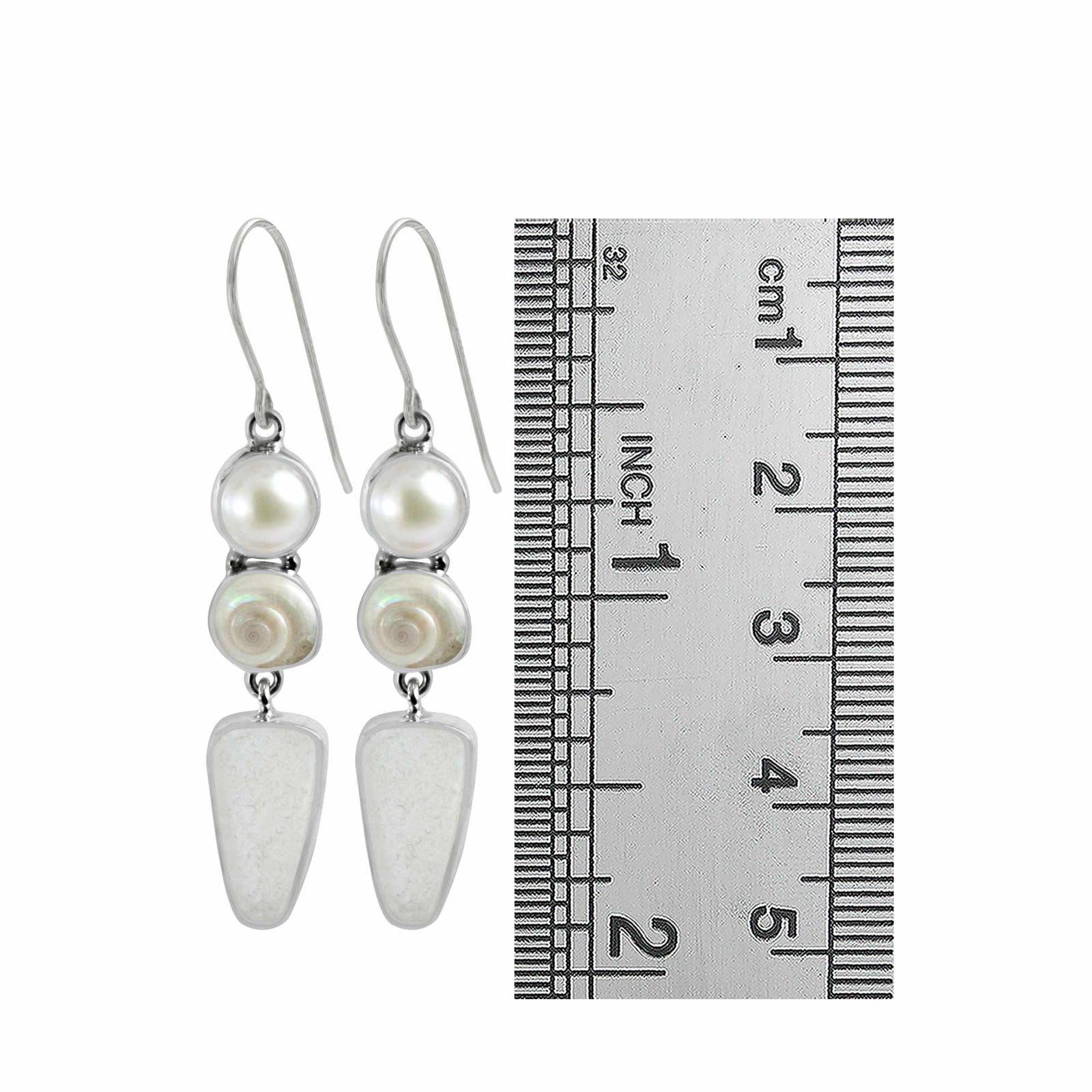 Sterling Silver Earring With Peral, Shell Malbar Turbos,Sea Glass White Drop