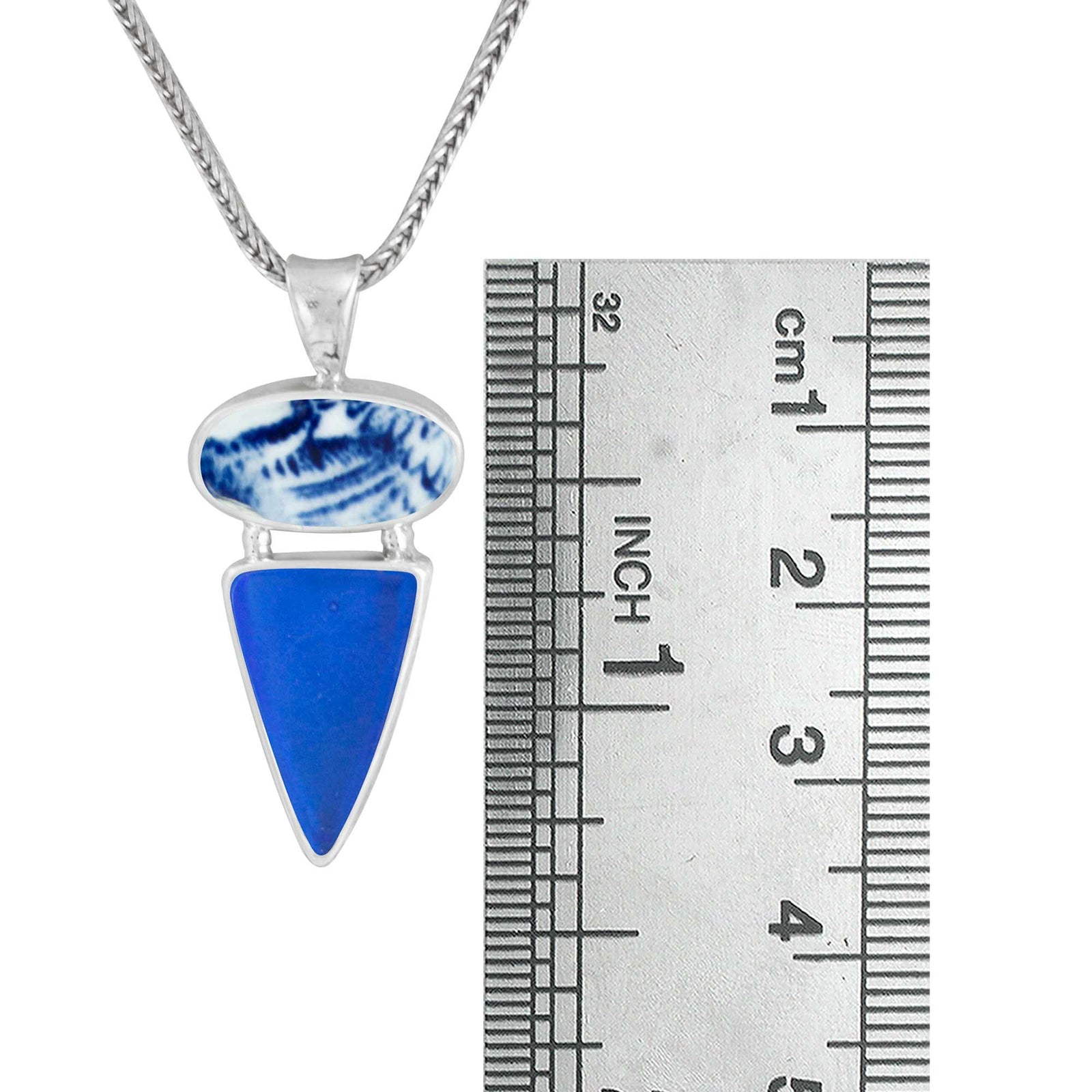 Sterling Silver Pendant With BW Pottery Shards Blue, Sea Glass Blue