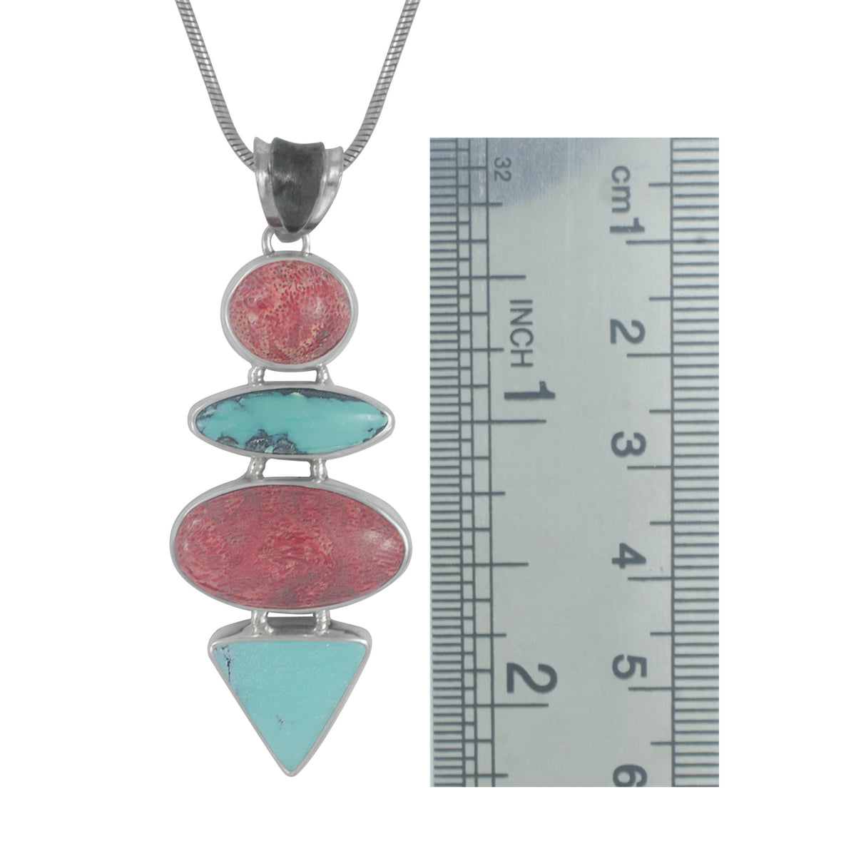 Sterling Silver Pendant With Turquoise And Sponge Coral Oval