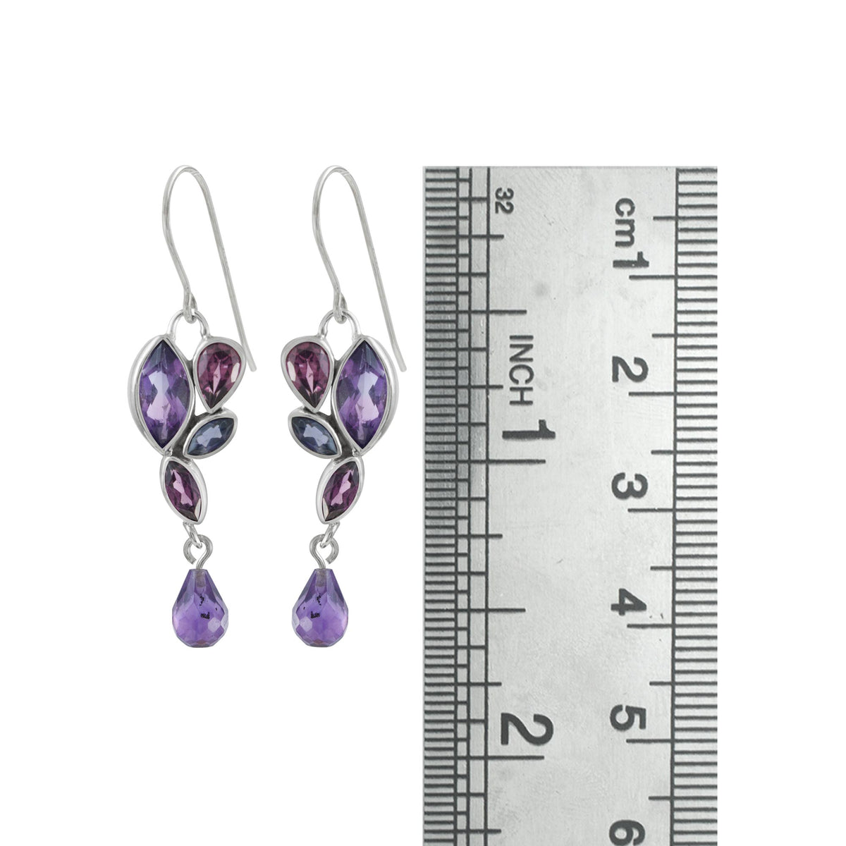 Sterling Silver Earring With Amethyst, Rhodolite Garnet Pear, Iolite Maquise, Amethyst Brio Drop