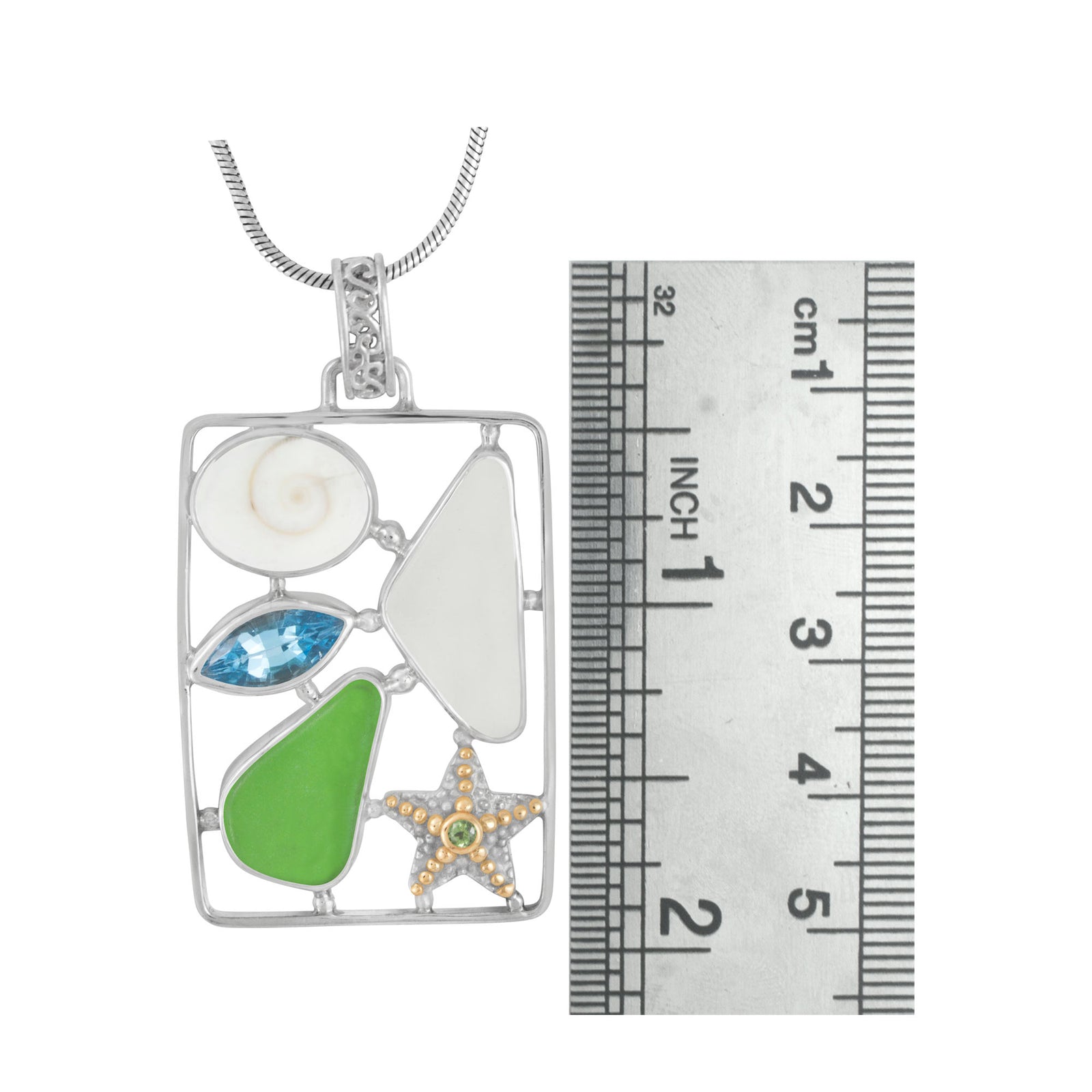 Sterling Silver Pendant With Shell Spiral, Blue Topaz, Sea Glass, Star Component