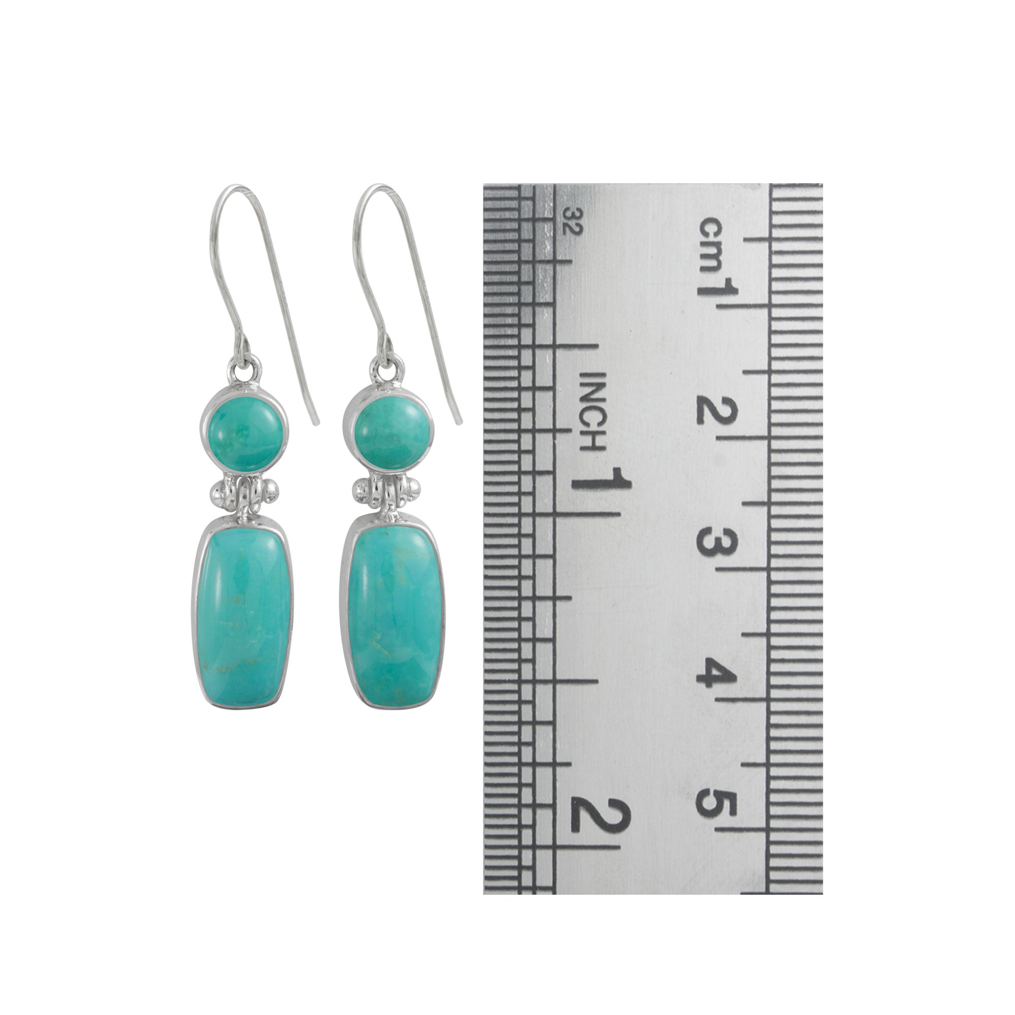 Sterling Silver Earring With Turquoise Round And Rectangle Stone