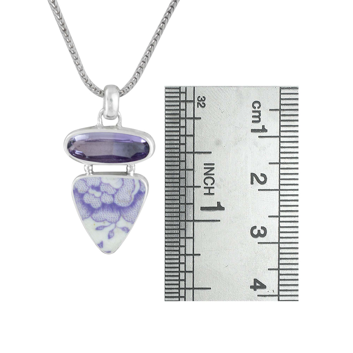 Sterling Silver Pendant With Amethyst Oval Facet,  Pottery Shards Lavender