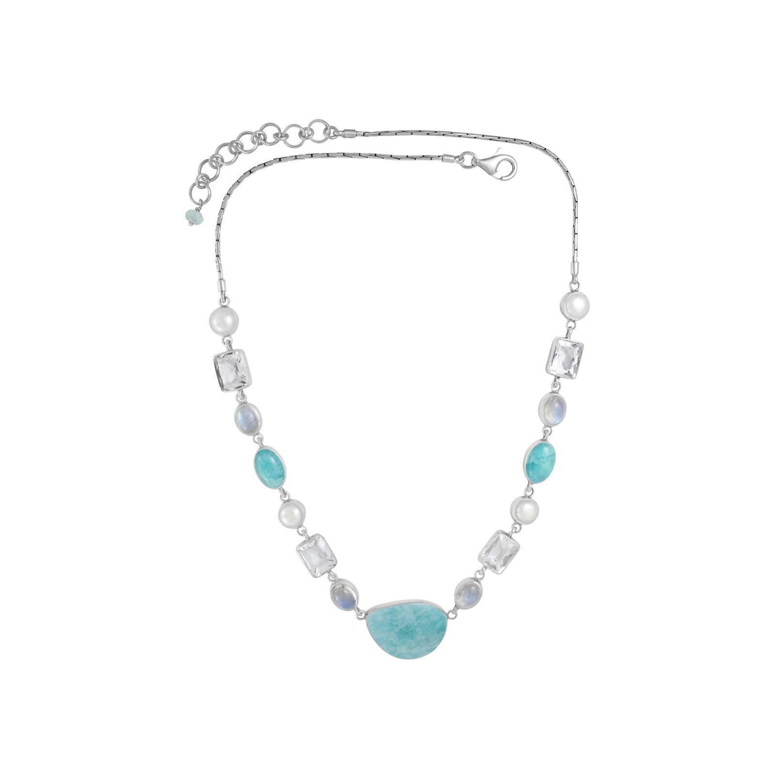 Sterling Silver Necklace With Amozonite Free Form & Oval, RainbowMoon Oval, Pearl