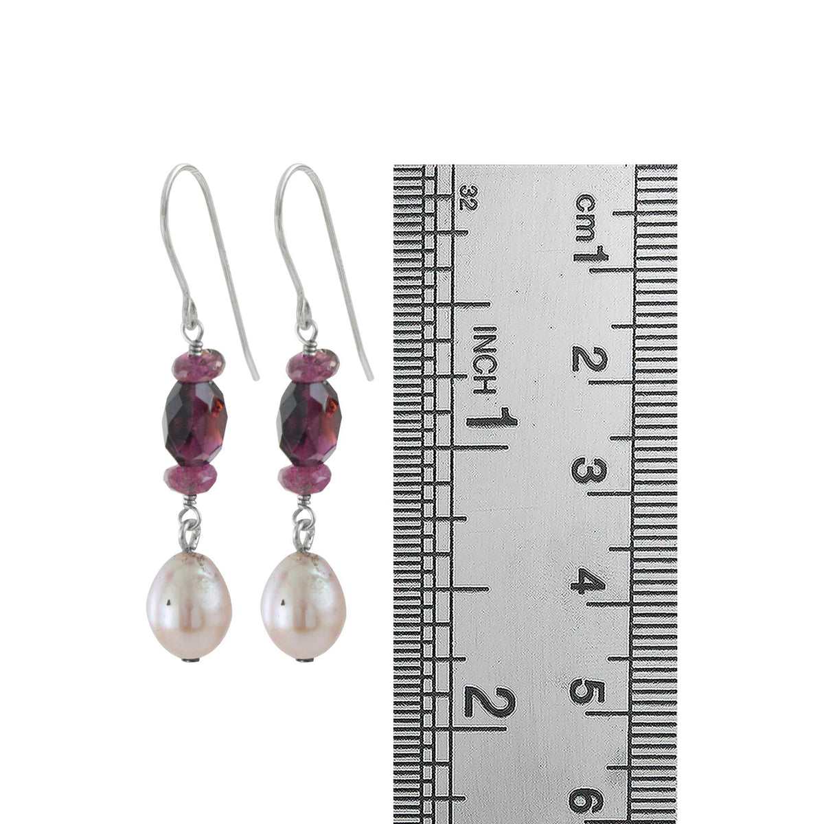 Sterling Silver Earring With Bead Pink Pearl, Garnet Oval Facet And Tourmaline