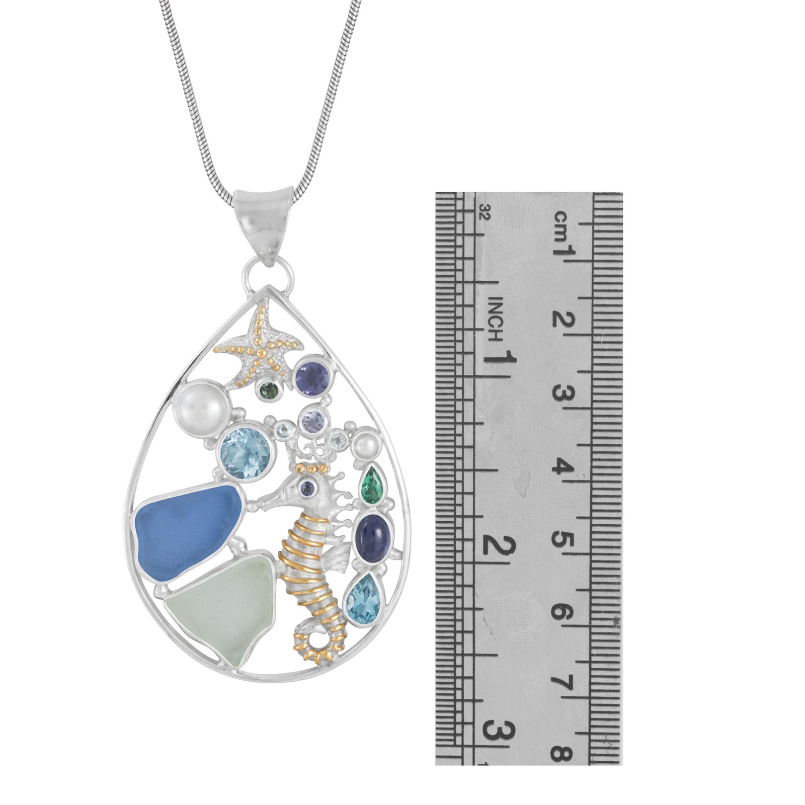 Sterling Silver Pendant Medallion With Sea Glass And Multi Stone