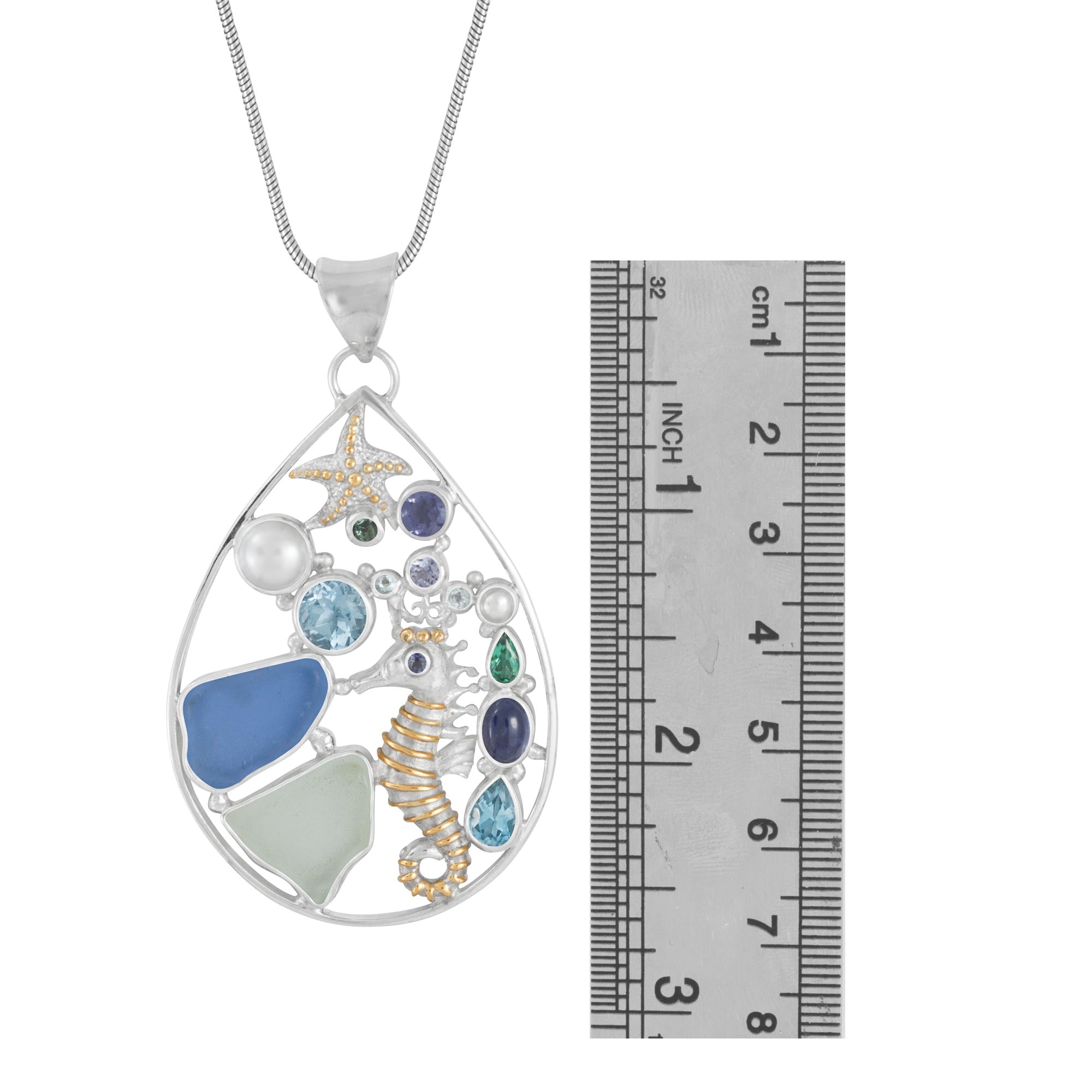 Sterling Silver Pendant Medallion With Sea Glass And Multi Stone