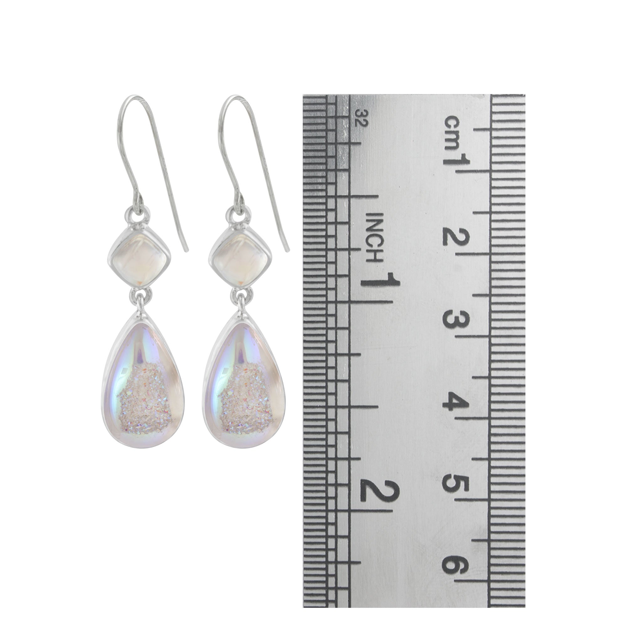 Sterling Silver Earring With Rainbow Moonstone Square, Druzy Opal Drop