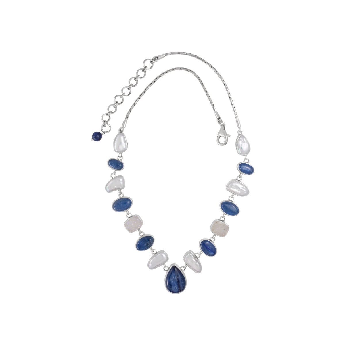 Silver Necklace With Druzy, Pearl And Kyanite