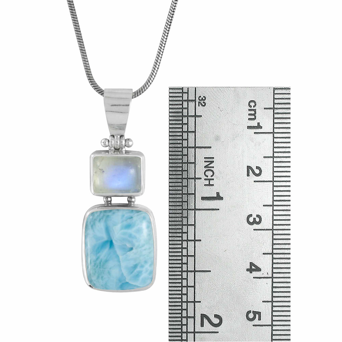 Silver Pendant With Rainbowmoon Stone And Larimar