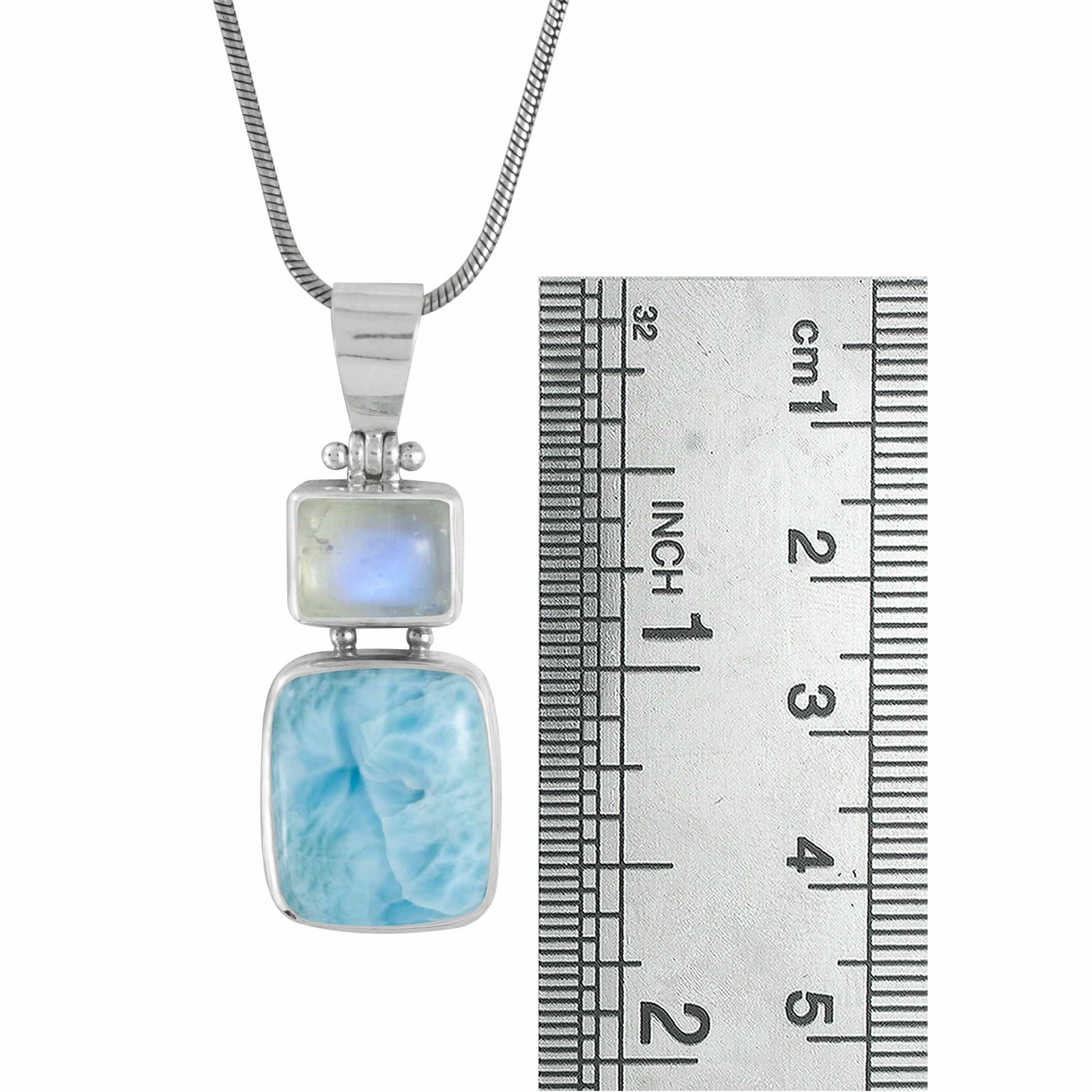Silver Pendant With Rainbowmoon Stone And Larimar