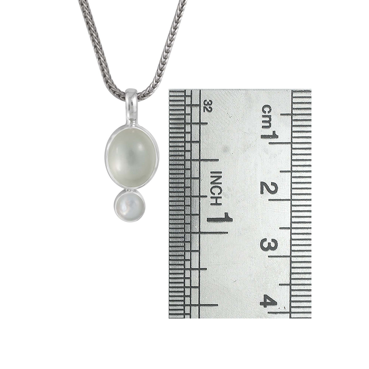 Sterling Silver Pendant With Green Moon Stone Oval, Mother Of Pearl Round
