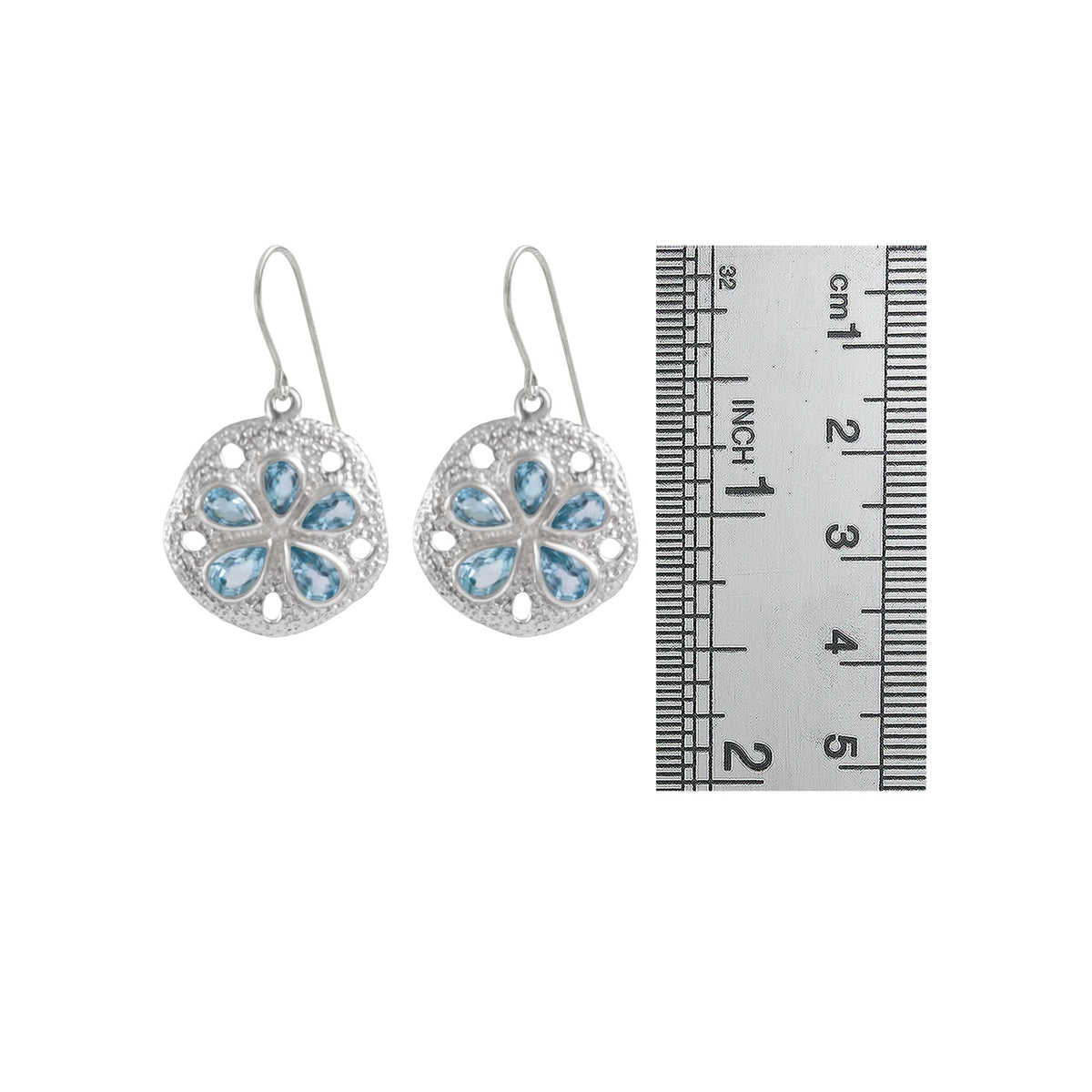 Sterling Silver Earring Biscuit Component With Blue Topaz Pear Facet