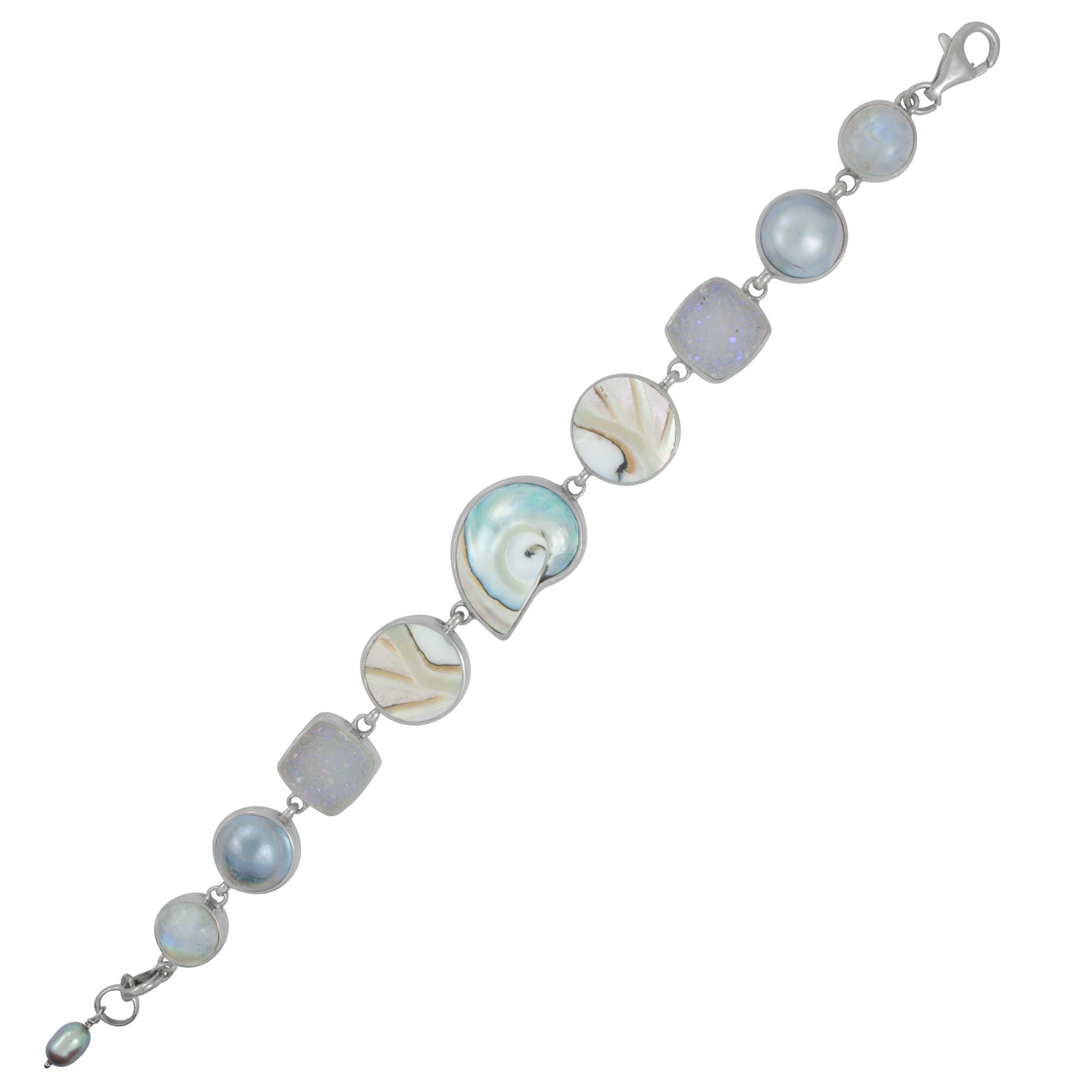 Sterling Silver Bracelet With Shell Nautilas, Druzy Opal, Mabe Pearl, Rainbowmoon Stone