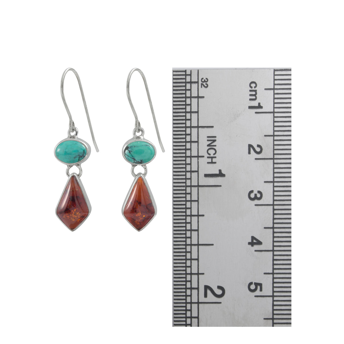 Sterling Silver Earring With Oval Turquoise, Drop Kite Amber Stone