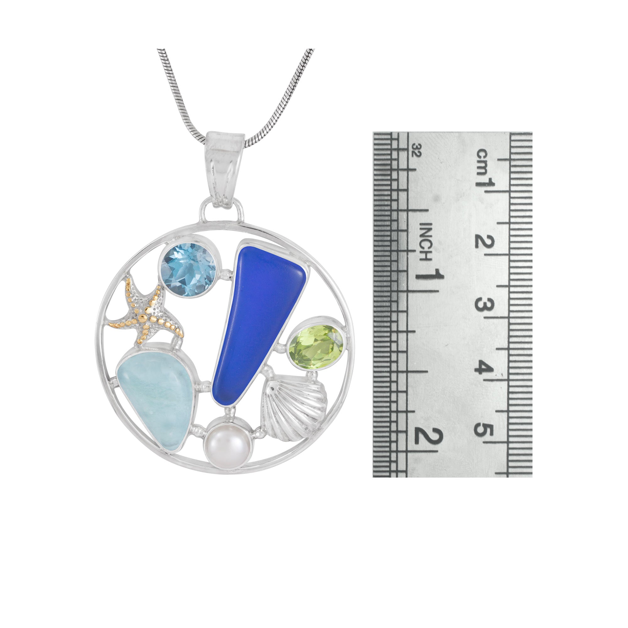 Sterling Silver Pendant With Round Medalion With Sea Glass, Larimar,London Blue & Pearl