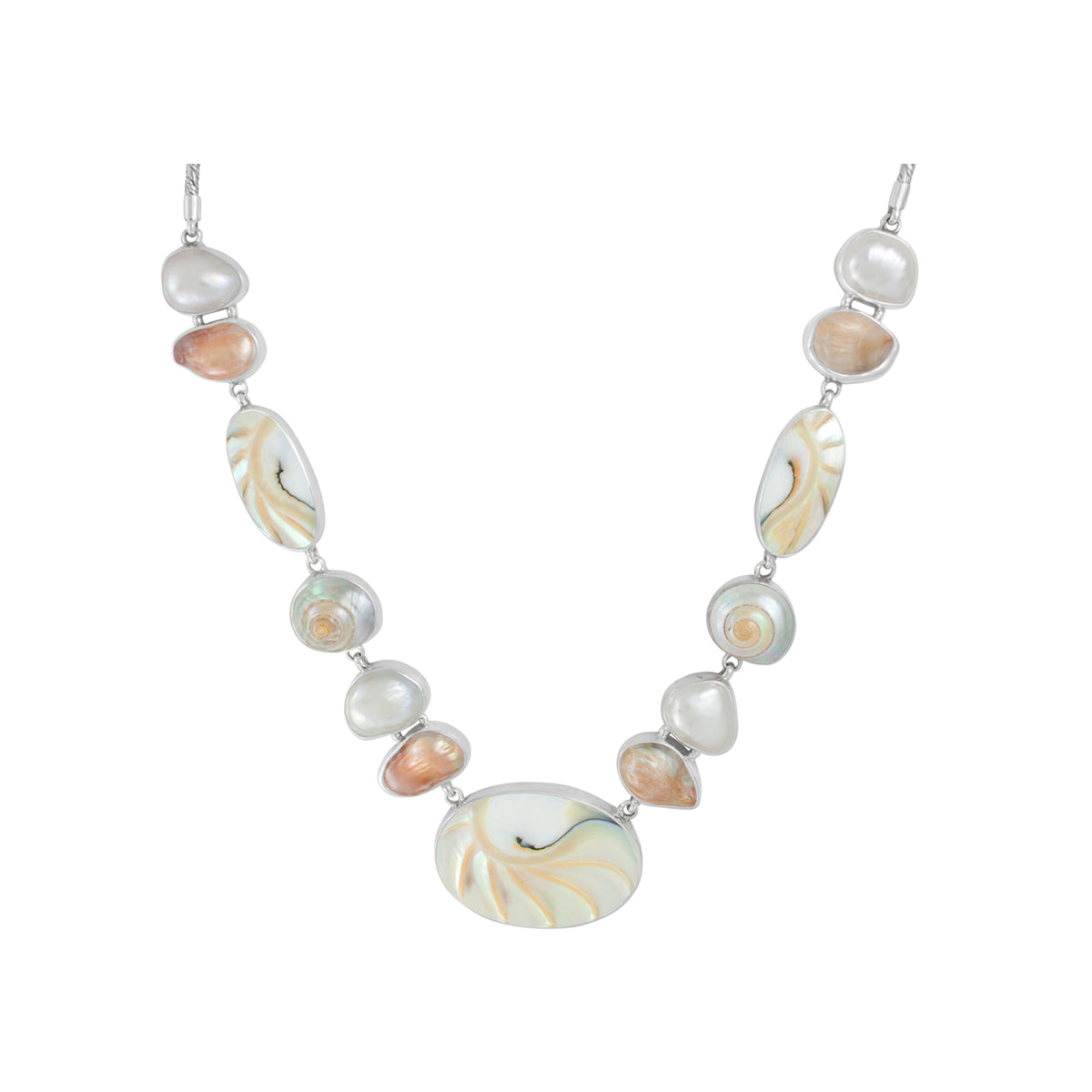 Sterling Silver Necklace With Peals, Shell Nautilas Connected On Chain