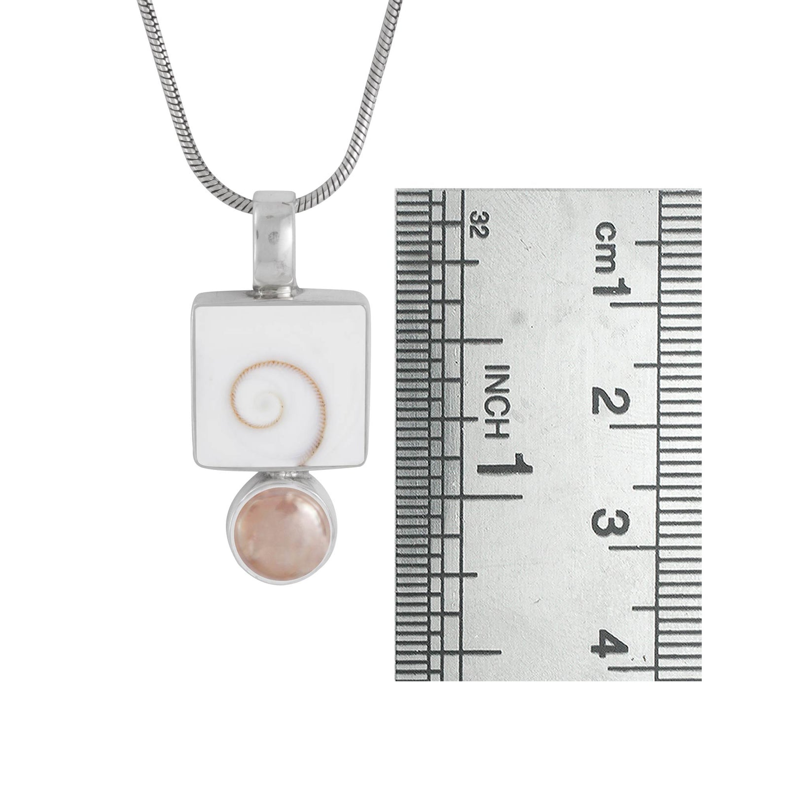 Sterling Silver Pendant With Shell Spiral Square, Pearl Coin Peach