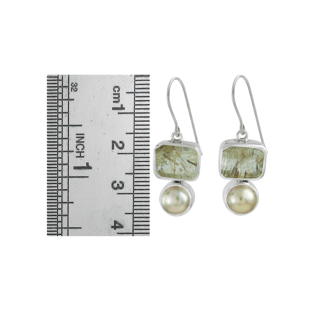 Earring With Rutilated Rectangle And Pearl