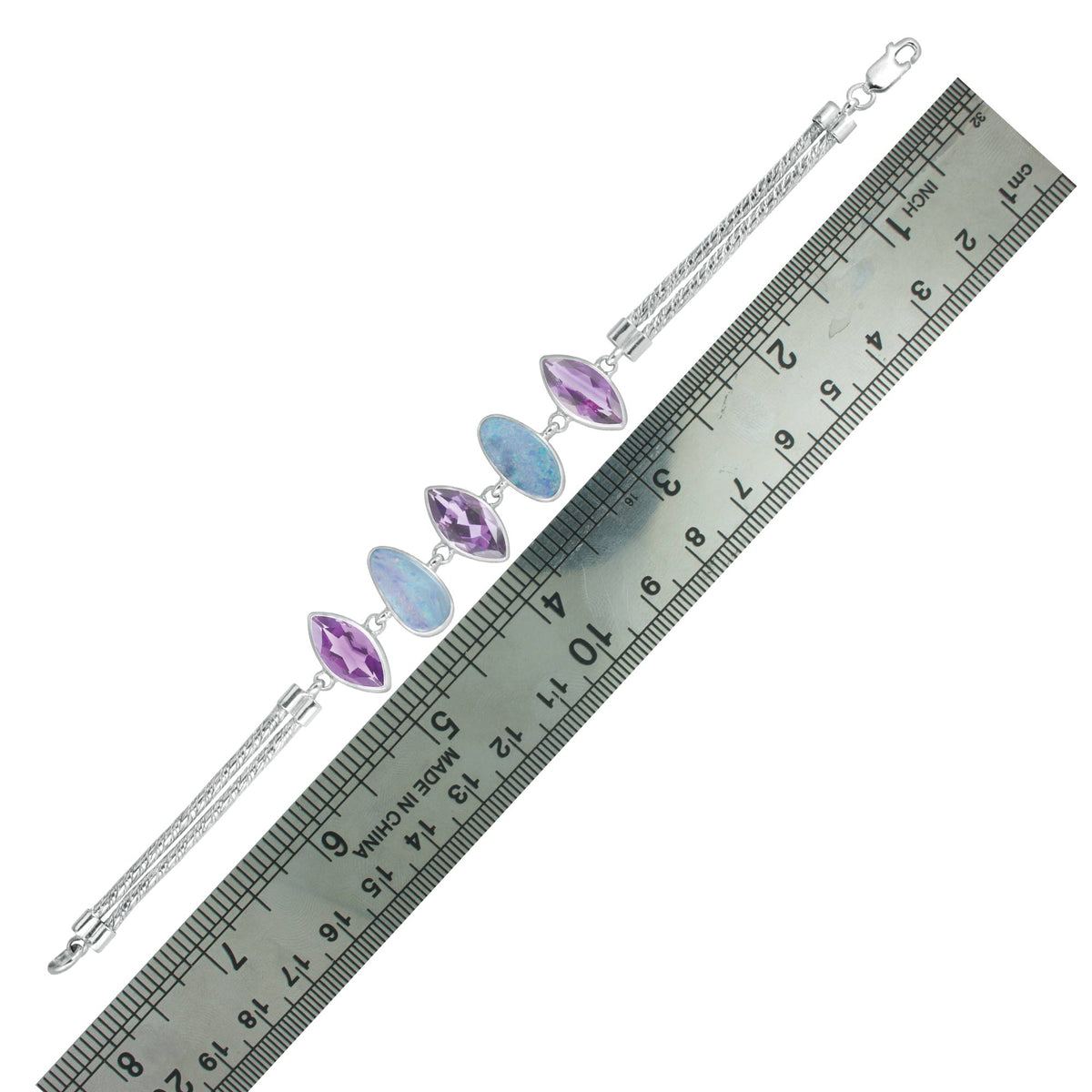 Sterling Silver Bracelet With Opal Free Form, Amethyst Marquise Facet