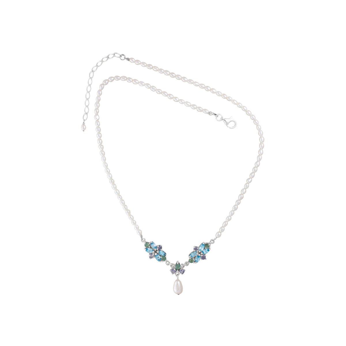 Sterling Silver Necklace With Marquise Flower Collection Bar, Marquise And Round Stone