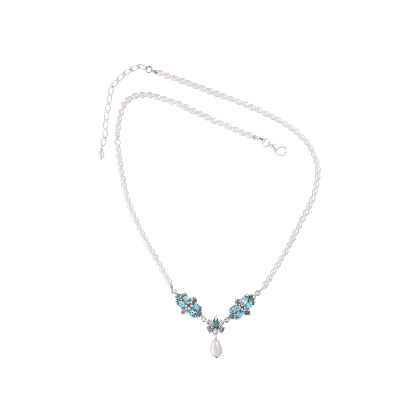Sterling Silver Necklace With Marquise Flower Collection Bar, Marquise And Round Stone