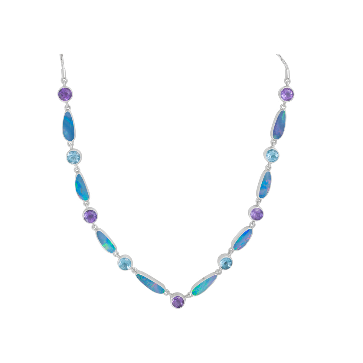 Sterling Silver Necklace With Free Form Opal, Round Facet Stone On Chain