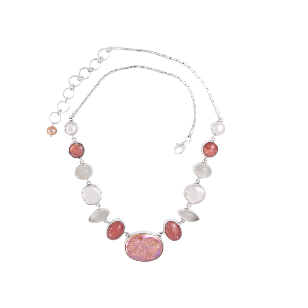 Silver Necklace With Pearl, Sunstone And Moonstone