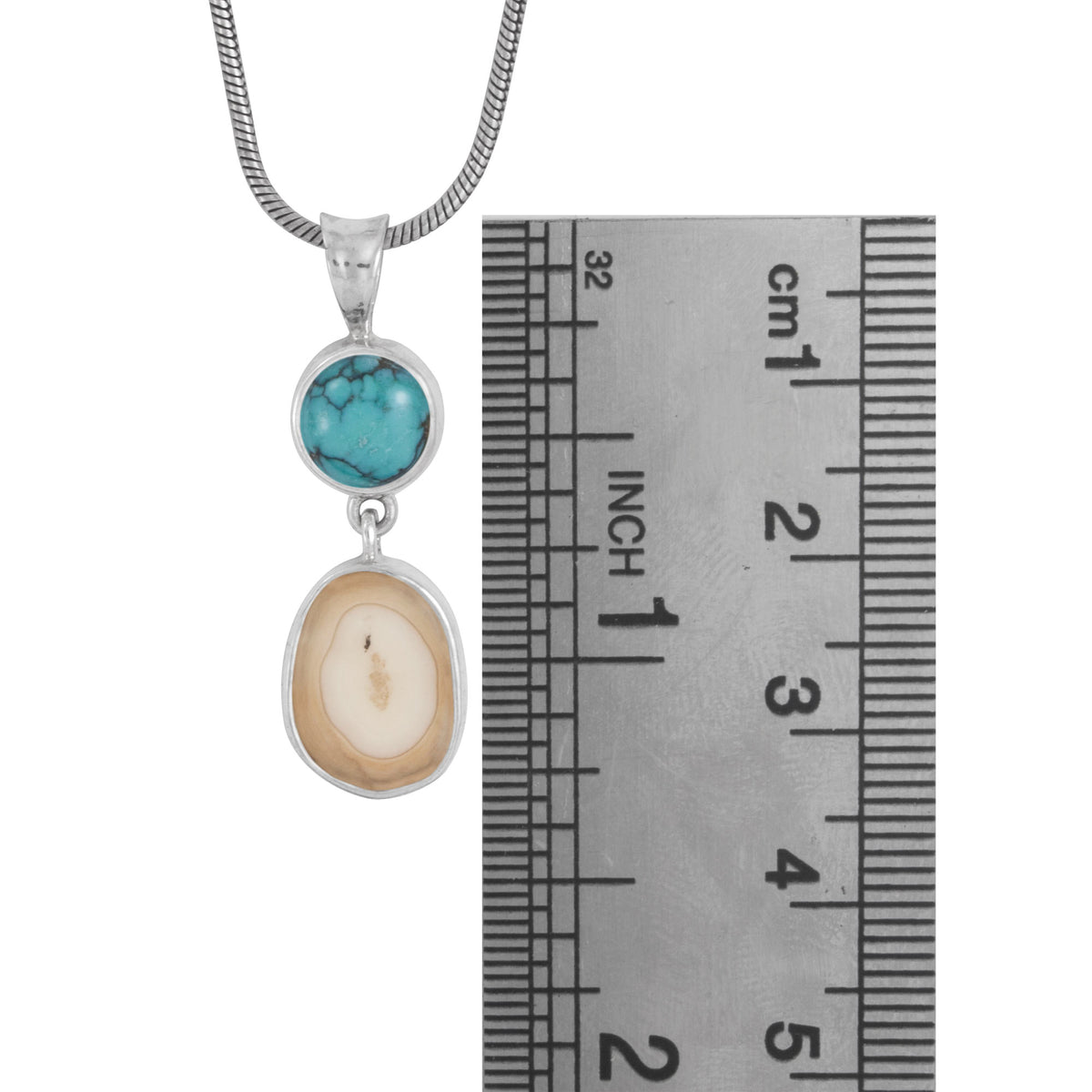 Sterling Silaver Pendant With Turquose Round, Fossil Ivory Drop