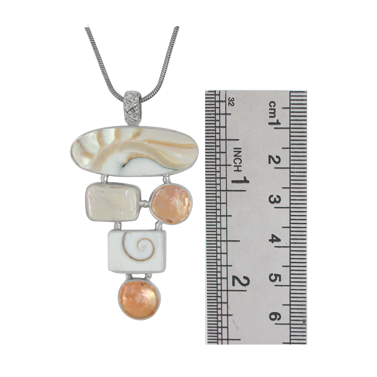 Sterling Silver Pendant With Shiva Shell, Multi Shape Pearl