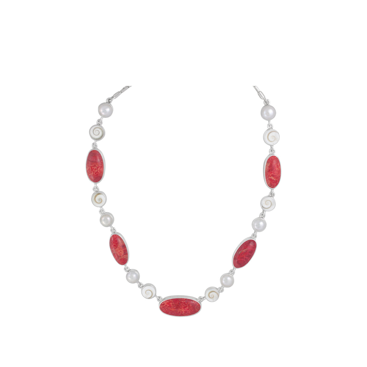 Sterling Silver Necklace With Sponge Coral Oval, Pearl, Shell Spiral Round