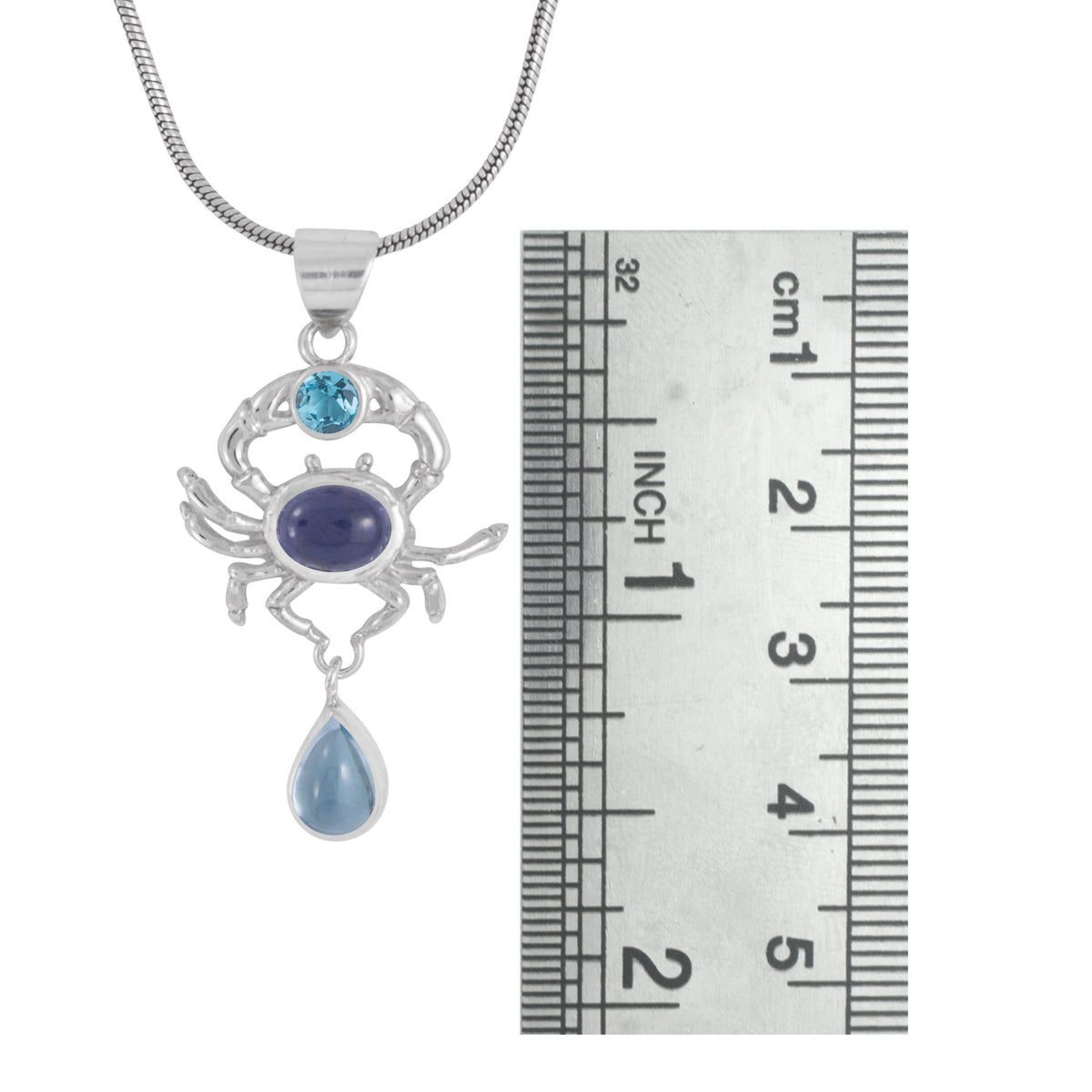 Sterling Silver Earring Crab Pendant With Iolite Oval, Blue Topas Round and Pear Drop