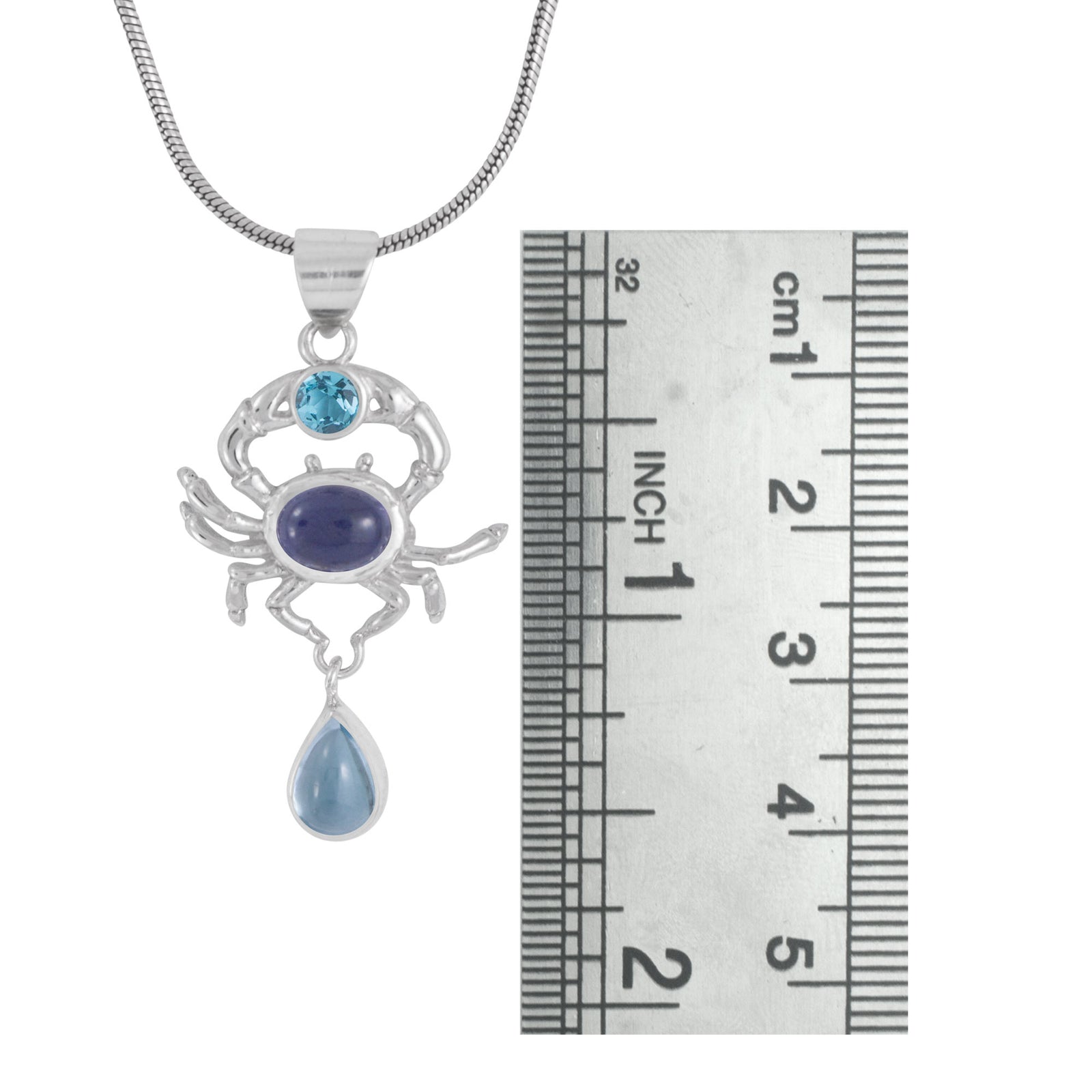 Sterling Silver Earring Crab Pendant With Iolite Oval, Blue Topas Round and Pear Drop