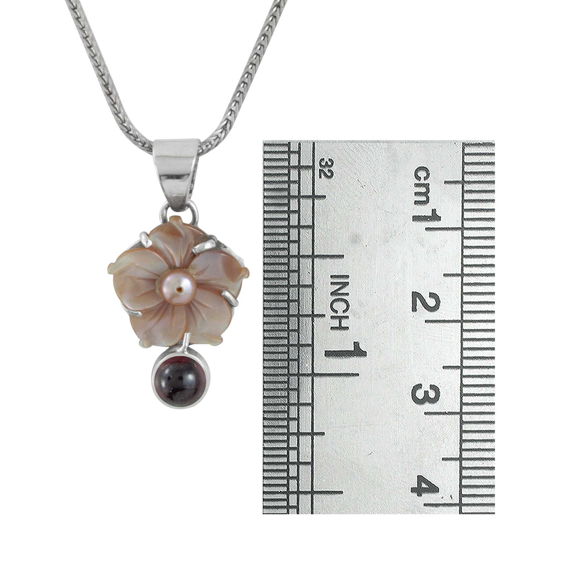 Silver Pendant With Mother Of Pearl , Bead Pearl, Garnet