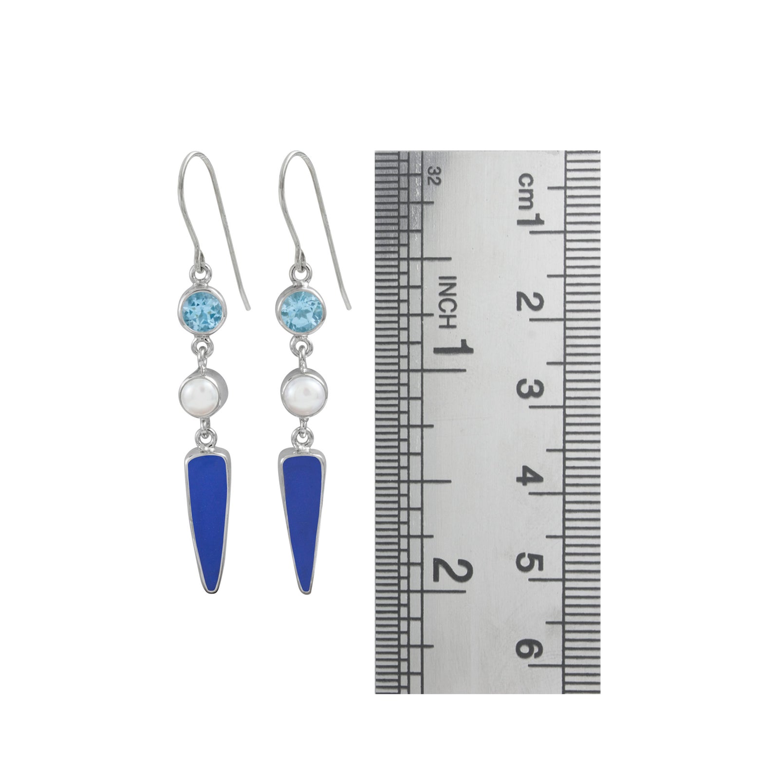 Sterling Silver Earring With Blue Topaz, Pearl Round, Sea Glass Blue Drop