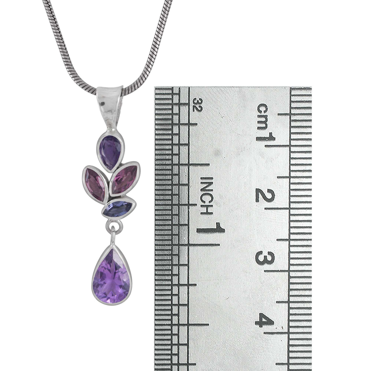 Sterling Silver Pendant With Amethyst, Rhodolite Garnet, Iolite Marquise, Rhodolite Garner Pear, Amethyst Brio Drop