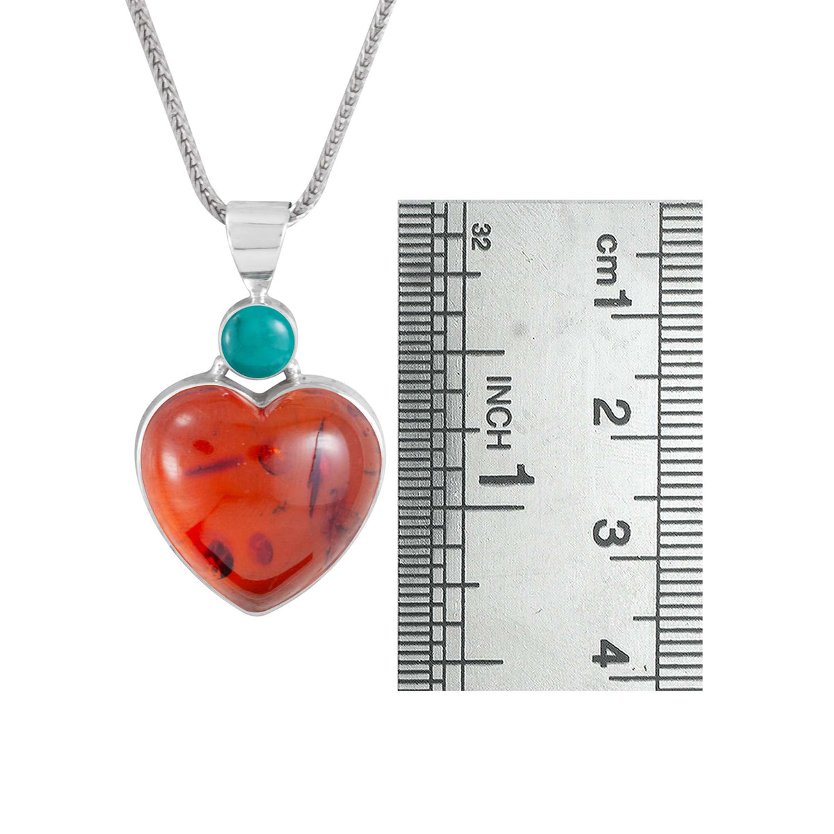Sterling Silver Pendant With Turquoise Round And Amber Heart