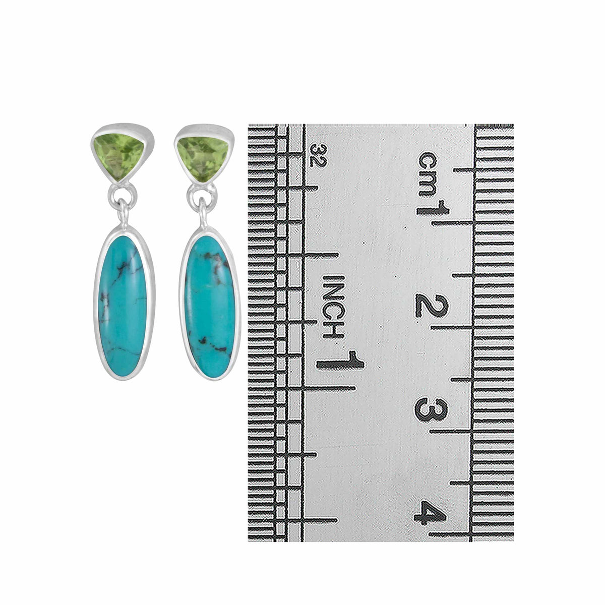 Sterling Silver Earring With Peridot Triangle Facet, Turquoise Oval Drop